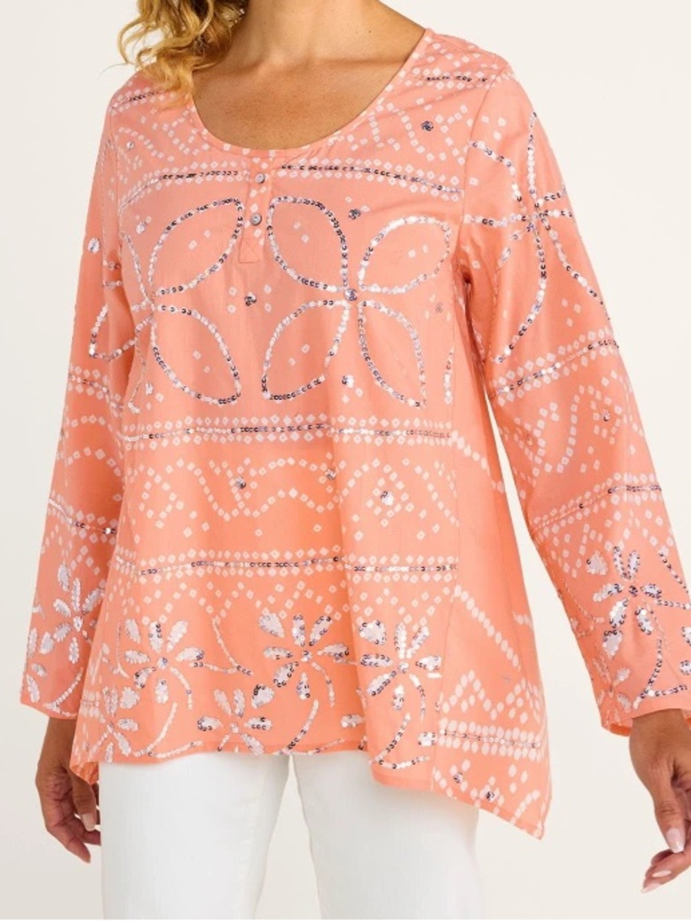 Soft Surroundings |Bora Bora Tunic 100% Cotton-Sequin Embellished Coastal Resort